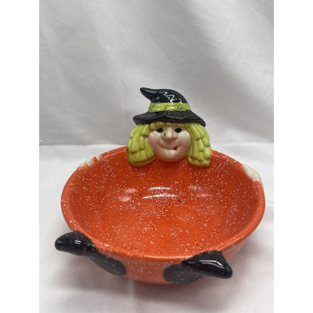 Cloe K Halloween Witch Candy Dish Bowl Ceramic Orange Green Black RARE - Picture 5 of 16